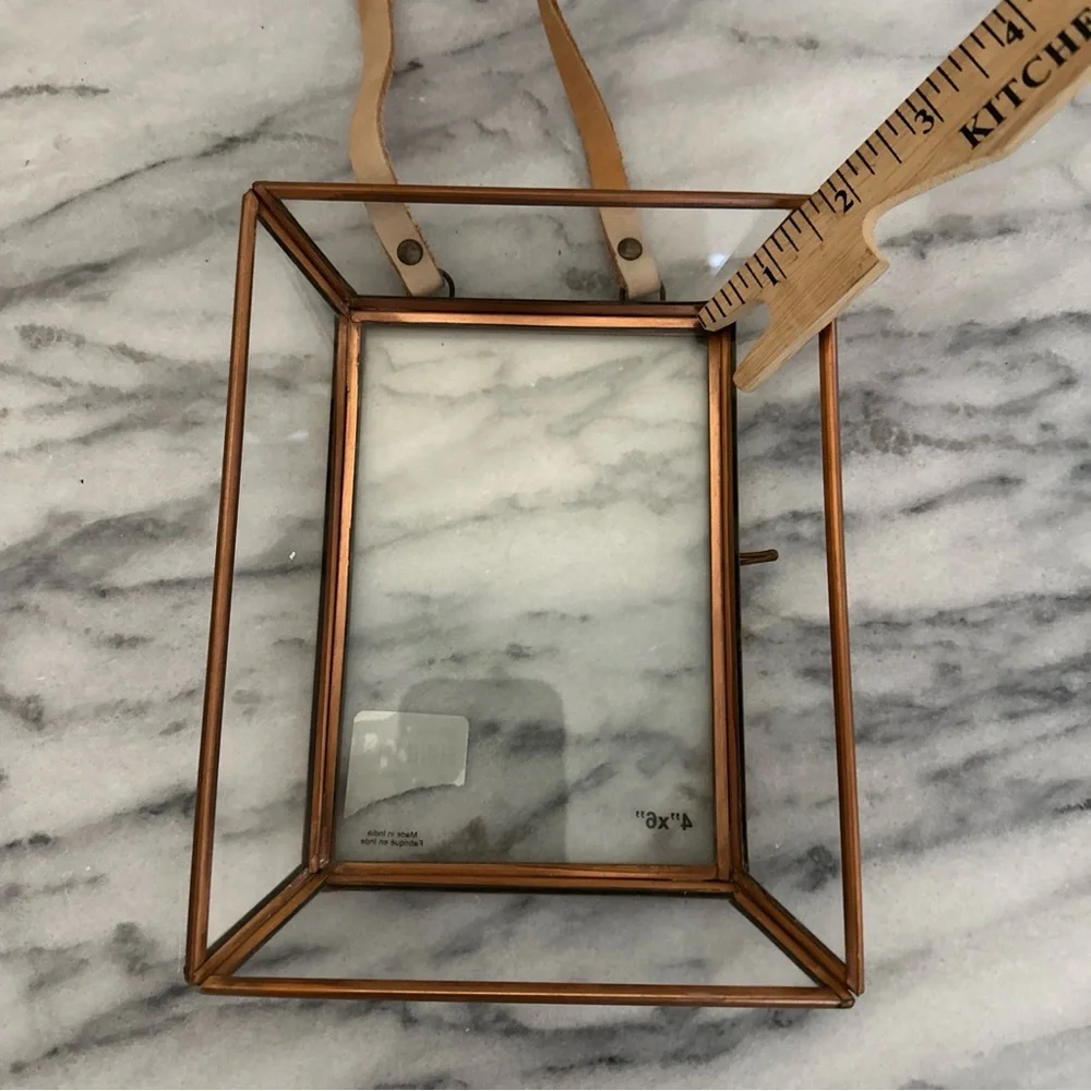 Anthropologie Townsend brass box style picture photo frame with leather string